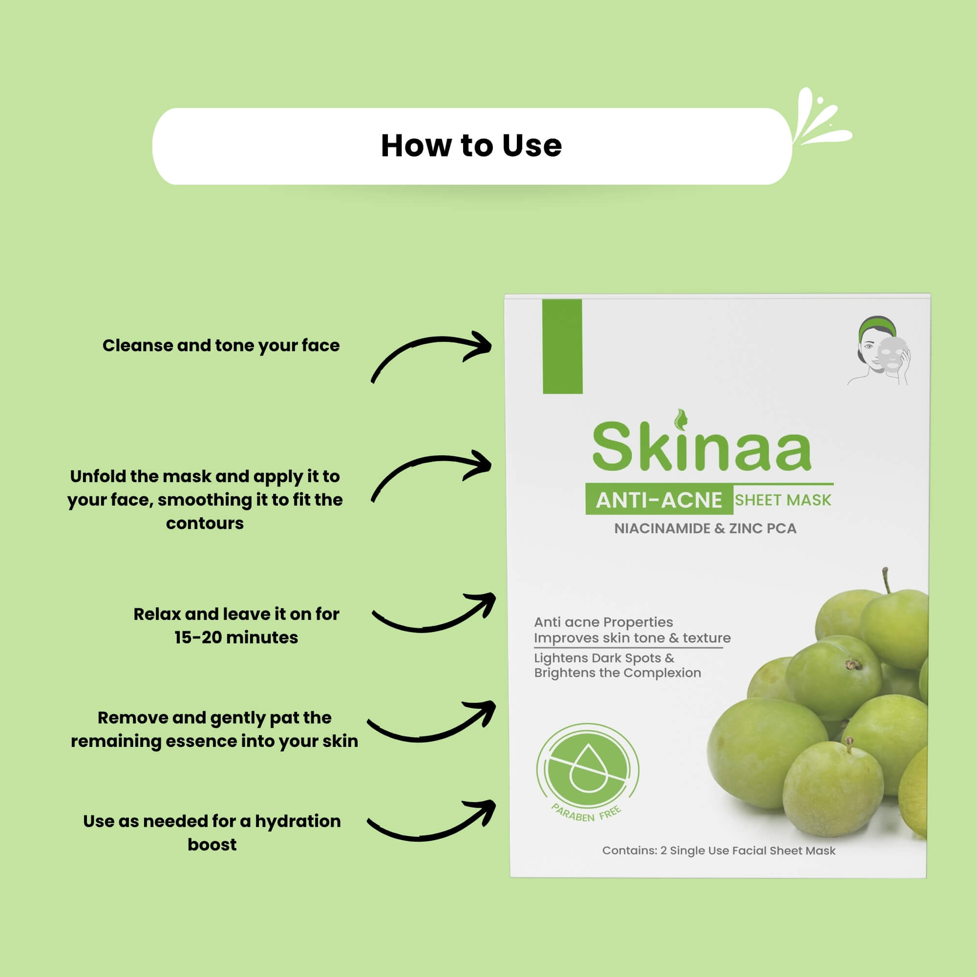 How to use Skinaa Anti-Acne Sheet Mask with Niacinamide and Zinc PCA – cleanse face, apply sheet mask, relax for 15–20 minutes, remove and pat in essence for hydrated, clear skin